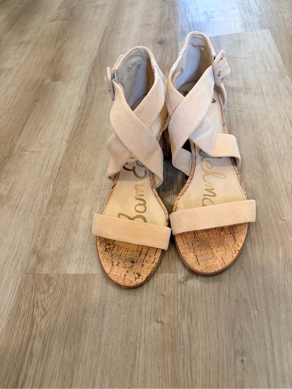 Wedges with Crisscross Straps in Light Beige